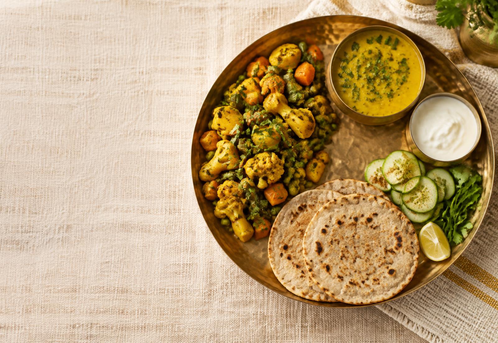 Balanced Indian thali with vegetables, dal, curd and rotis